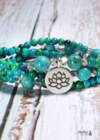 Boho Bracelet, Layers Blue Turquoise Mala Red Mantra Lotus